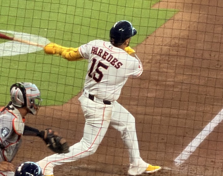 Isaac Paredes lets fly with his bat at Daikin Park.