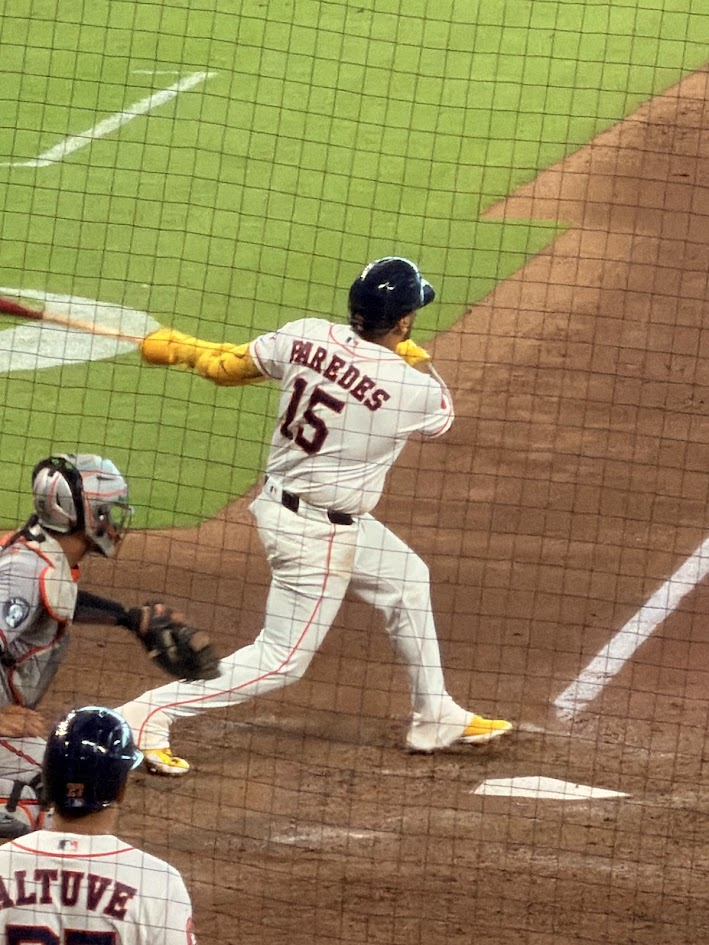 Isaac Paredes lets fly with his bat at Daikin Park.