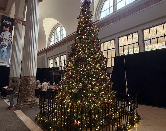 A large, decorated Christmas tree lights up Daikin Park.