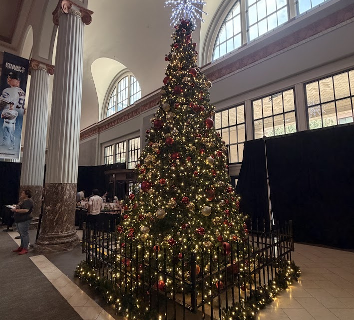 A large, decorated Christmas tree lights up Daikin Park.