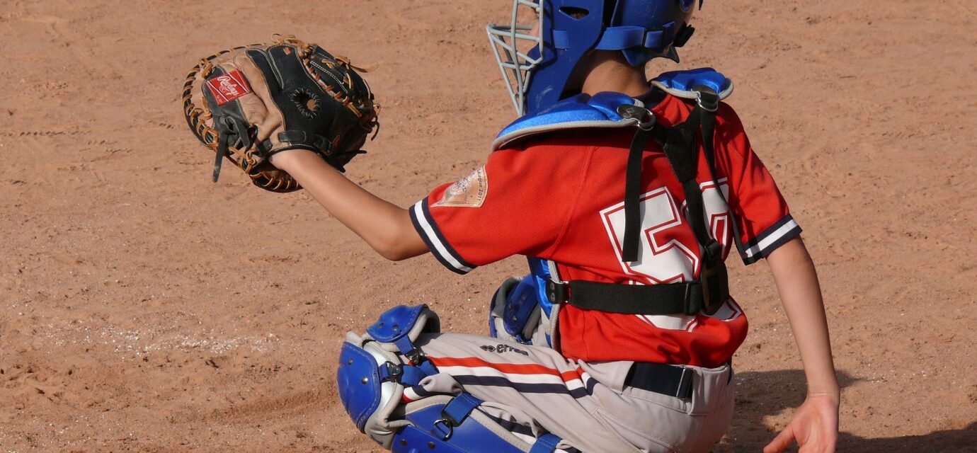 A crouching catcher raises his mitt.