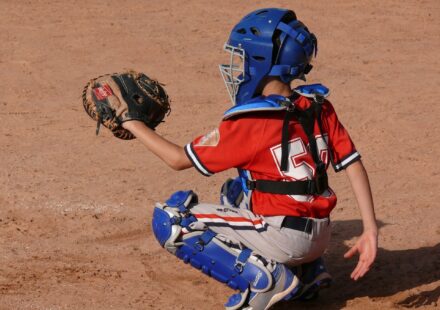 A crouching catcher raises his mitt.