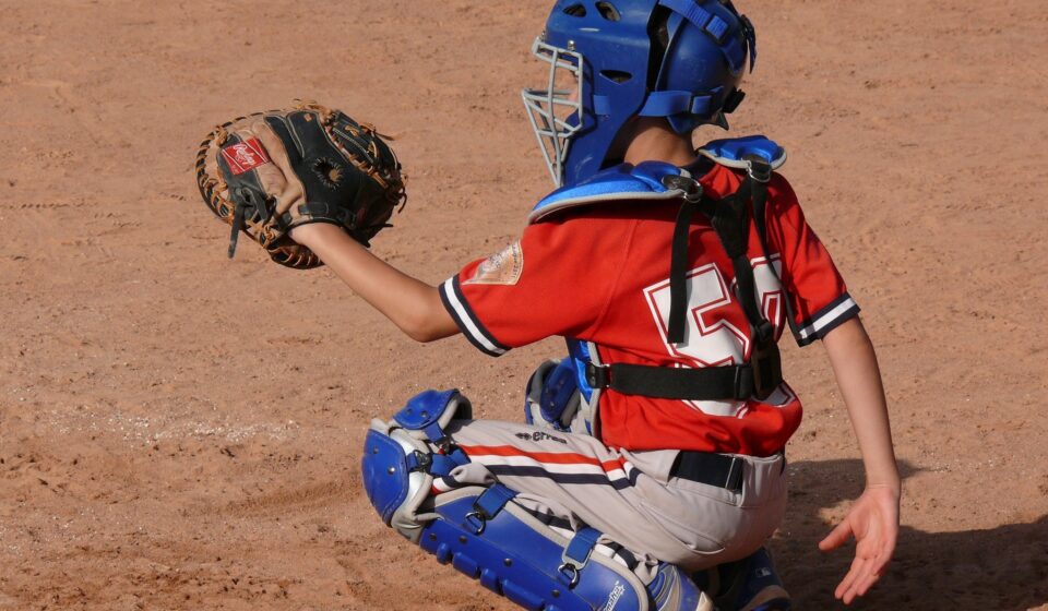 A crouching catcher raises his mitt.