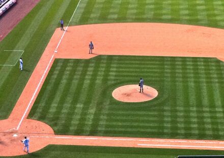 View of a baseball field from up high.