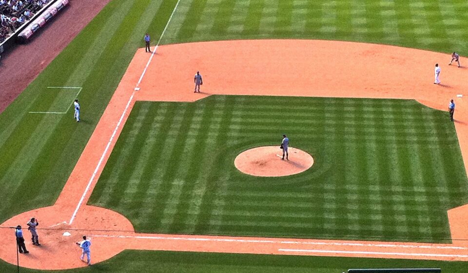 View of a baseball field from up high.