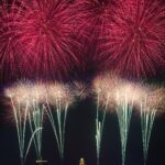 Red and white fireworks explode in the sky.