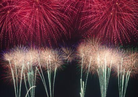 Red and white fireworks explode in the sky.