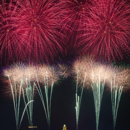 Red and white fireworks explode in the sky.
