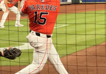 Isaac Paredes swings away at home plate.