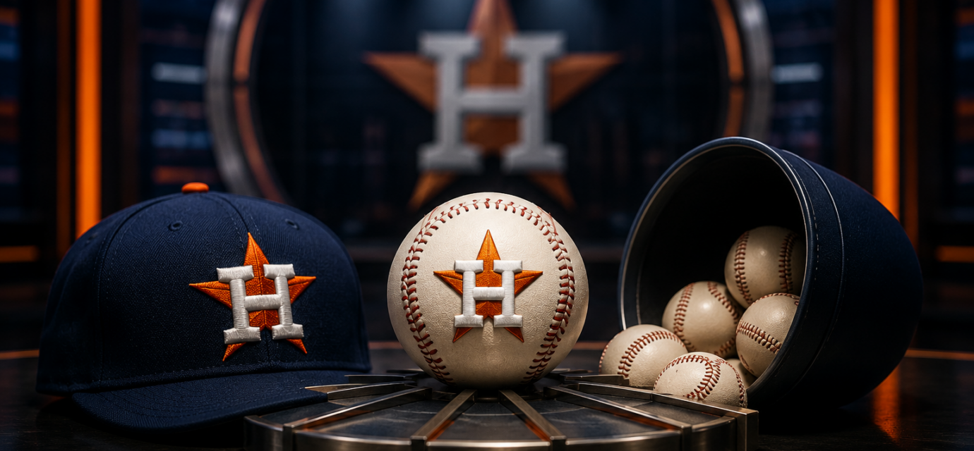 Houston Astros cap and baseball representing the MLB Draft.