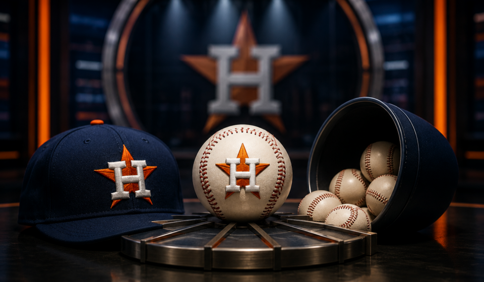 Houston Astros cap and baseball representing the MLB Draft.