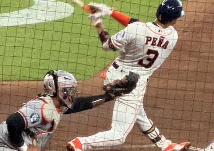 Jeremy Peña follows through after a swing at the ball.