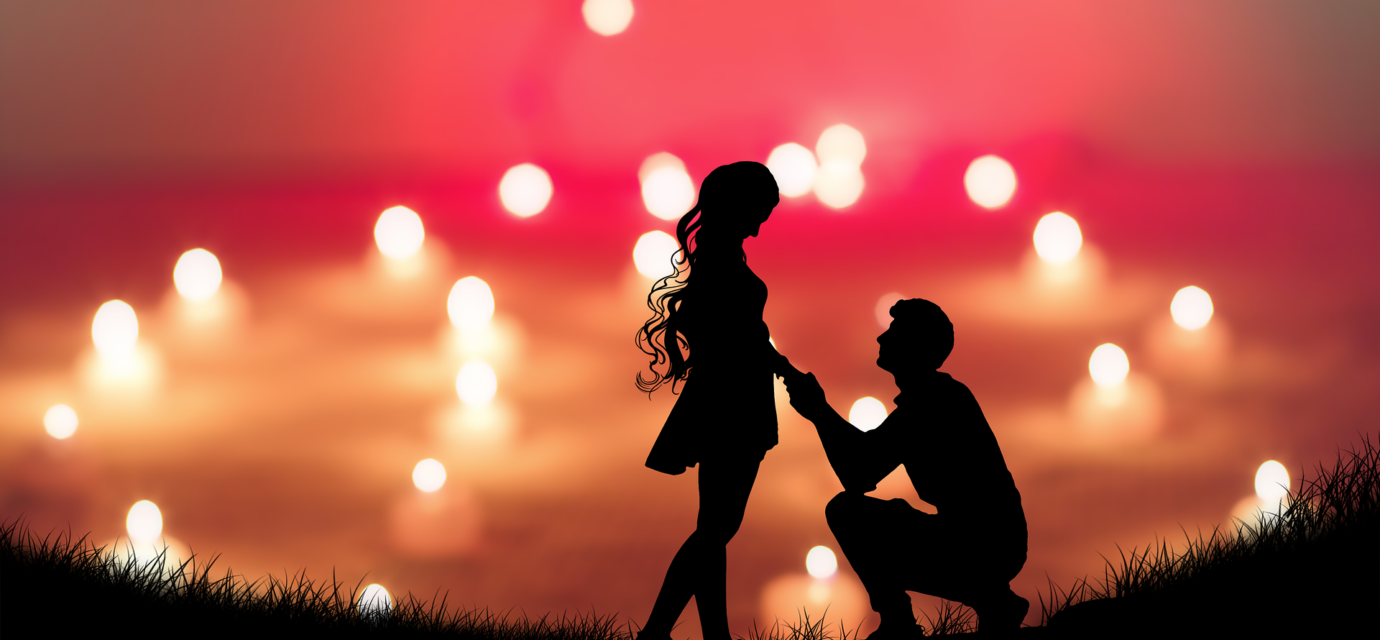 A man kneels in front of a woman with a vivid sky in the background.