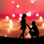 A man kneels in front of a woman with a vivid sky in the background.