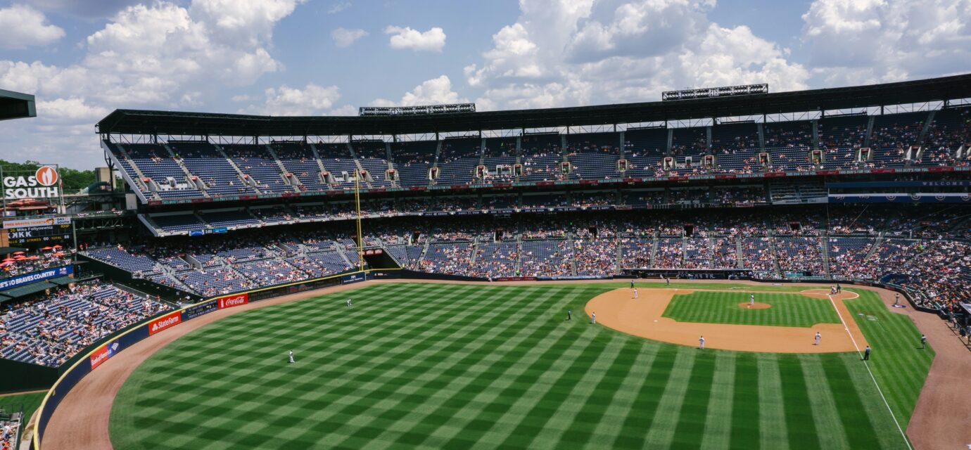 View of a baseball stadium from behind second base.