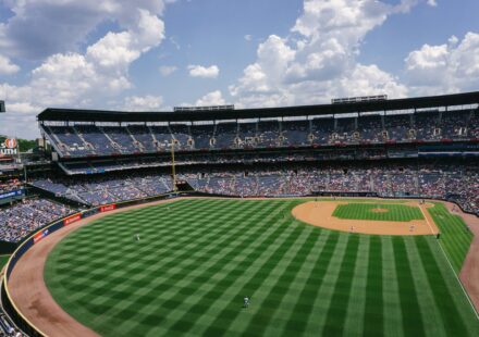 View of a baseball stadium from behind second base.