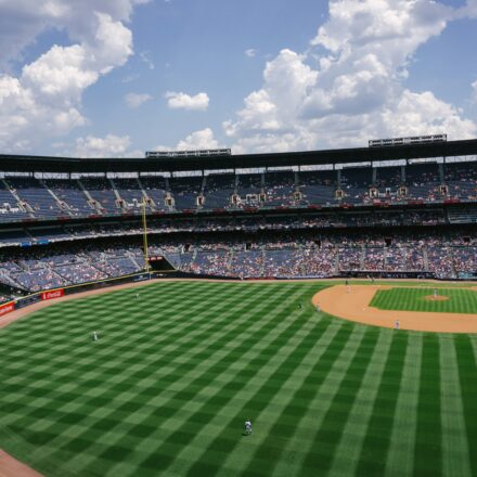 View of a baseball stadium from behind second base.