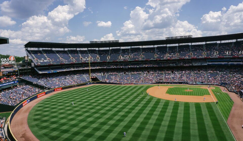 View of a baseball stadium from behind second base.