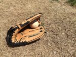 A glove with a baseball lie on the ground.