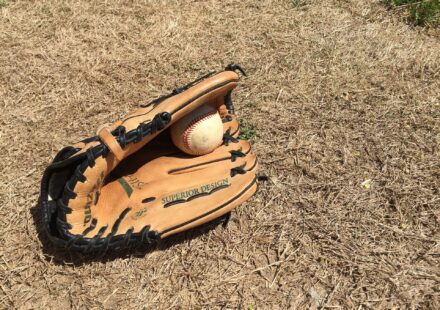A glove with a baseball lie on the ground.