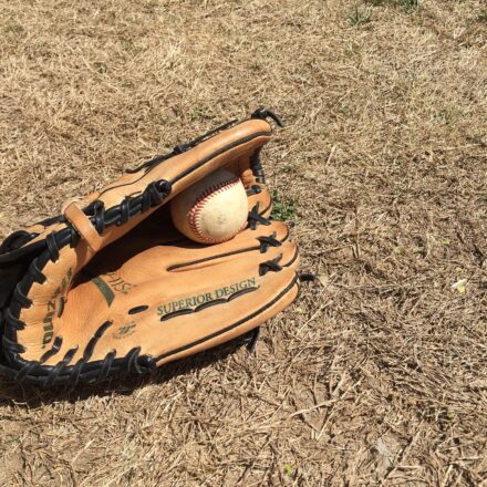 A glove with a baseball lie on the ground.
