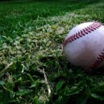 A baseball lies nestled in the grass.
