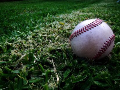 A baseball lies nestled in the grass.