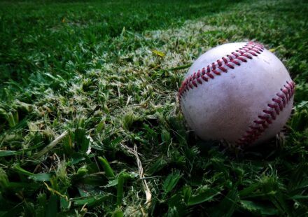 A baseball lies nestled in the grass.
