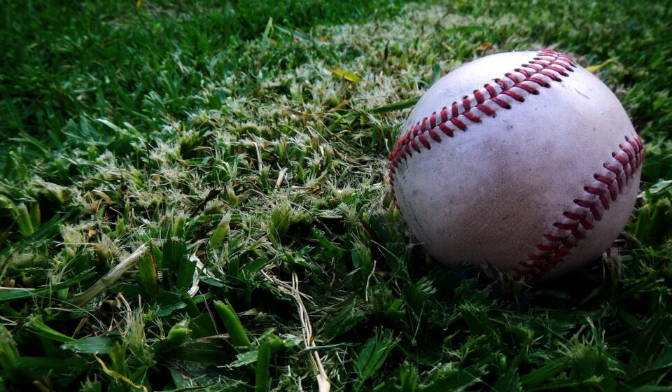 A baseball lies nestled in the grass.