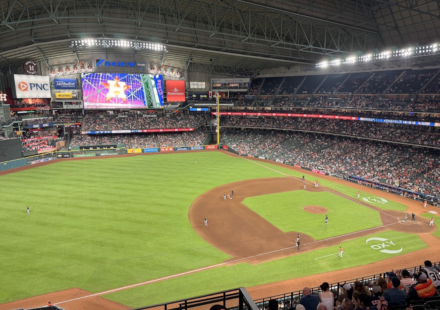 The Astros are on the field at Daikin Park.