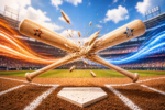 Baseball bats collide and splinter over home plate.