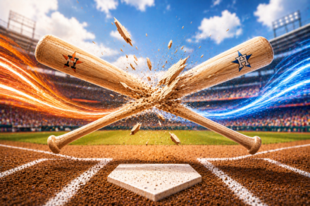 Baseball bats collide and splinter over home plate.
