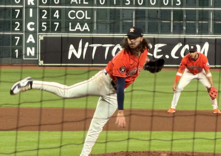 Spencer Arrighetti hurls a pitch from the mound at Daikin Park.