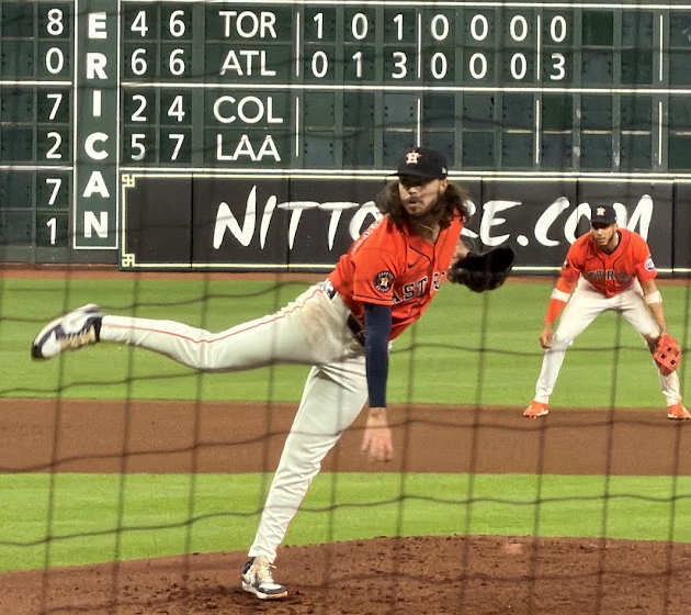 Spencer Arrighetti hurls a pitch from the mound at Daikin Park.