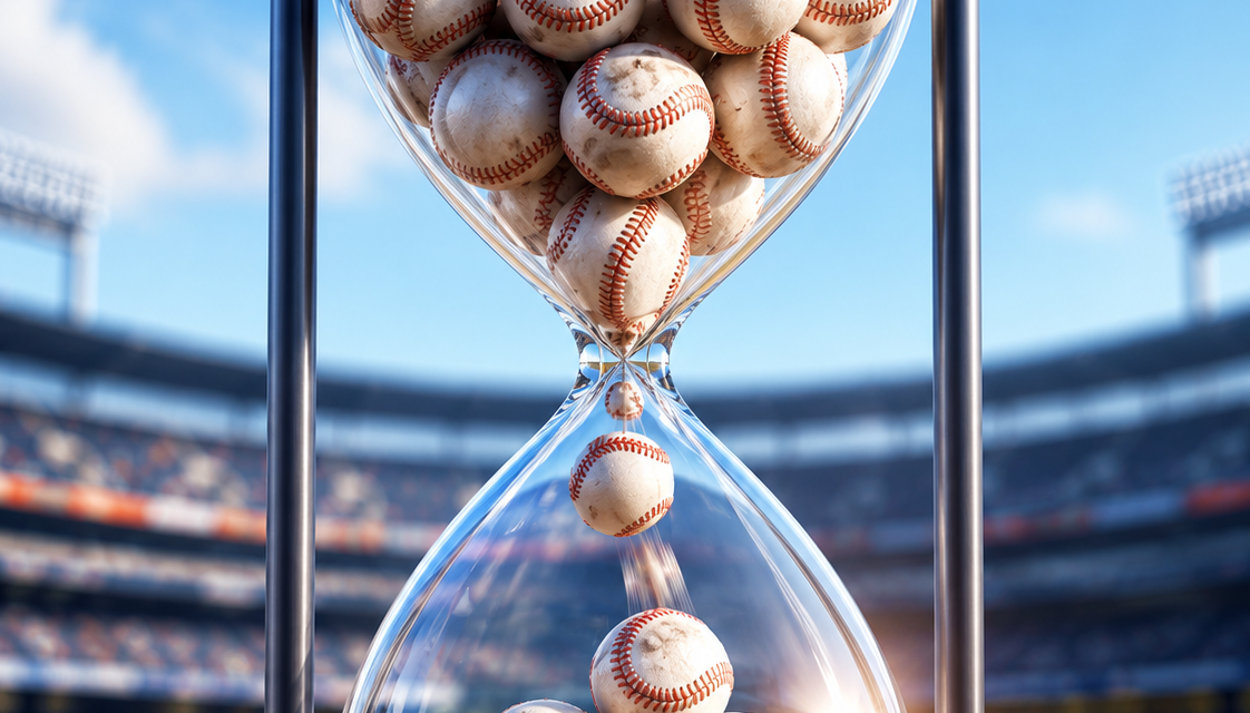 An hourglass filled with baseballs sits in a baseball stadium.