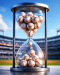 An hourglass filled with baseballs sits in a baseball stadium.