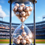 An hourglass filled with baseballs sits in a baseball stadium.
