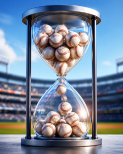 An hourglass filled with baseballs sits in a baseball stadium.