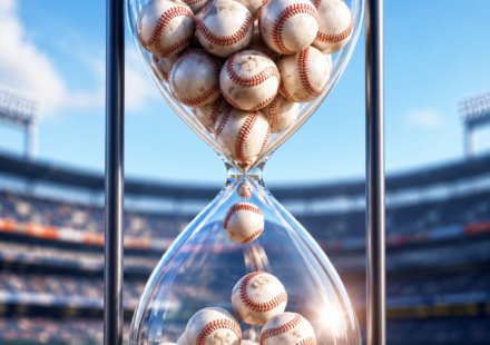An hourglass filled with baseballs sits in a baseball stadium.