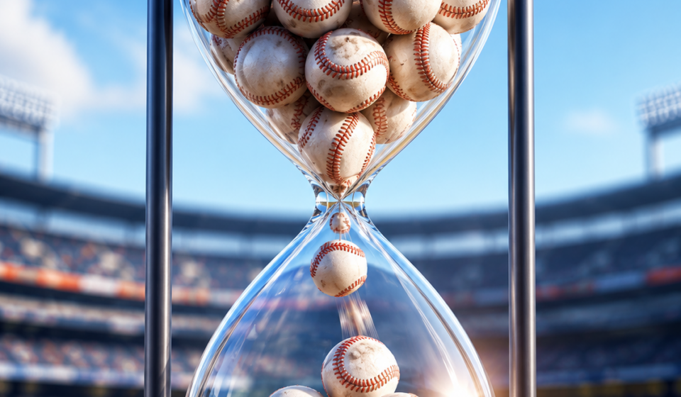 An hourglass filled with baseballs sits in a baseball stadium.