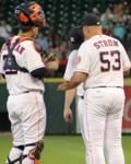 Houston Astros pitching coach Brent Strom talks to a pitcher at Minute Maid Park in July 2014.