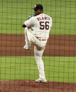 Ronel Blanco pitches for the Astros against the Mariners on Aug. 15, 2026, at Daikin Park.