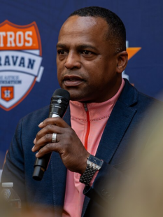 Houston Astros general manager Dana Brown speaks during an Astros Foundation Caravan visit to Army Futures Command in Austin, Texas, in January 2024.