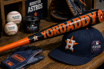 Custom YORDADDY baseball bat displayed with Astros Players’ Weekend gear.