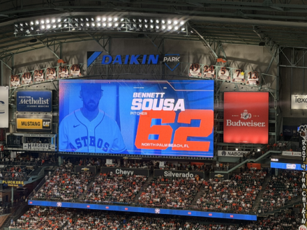 Bennett Sousa displayed on the video board at Daikin Park during an Astros game.