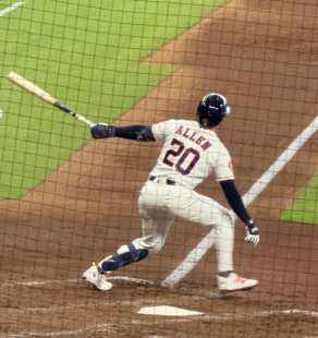 Nick Allen bats for the Houston Astros at Daikin Park.