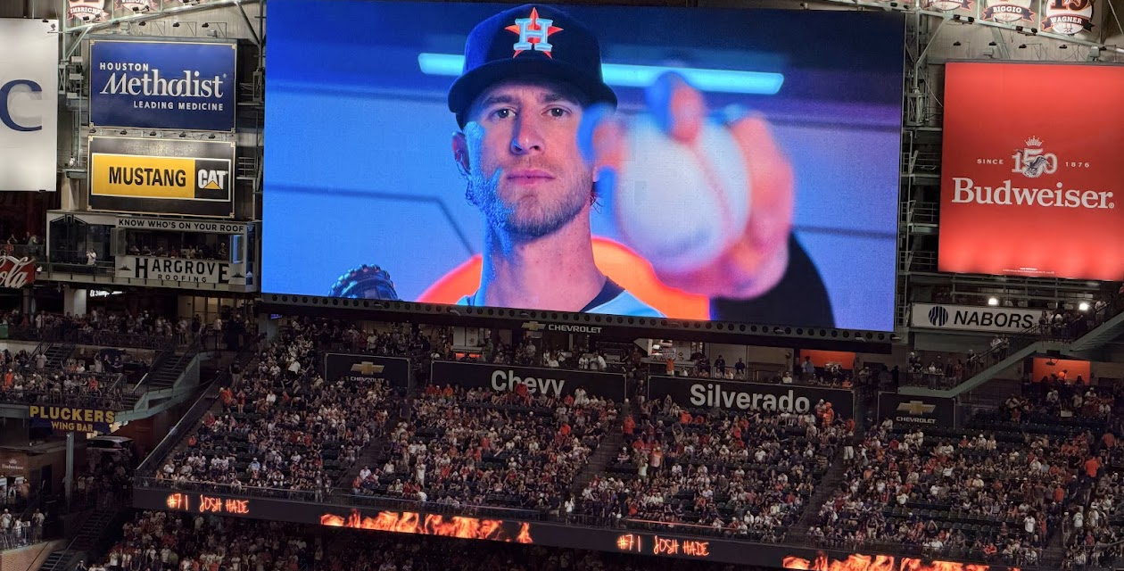 Josh Hader appears on the Daikin Park videoboard before closing out the Astros' 5-4 win over the Rangers.