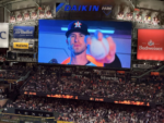 Josh Hader appears on the Daikin Park videoboard before closing out the Astros' 5-4 win over the Rangers.