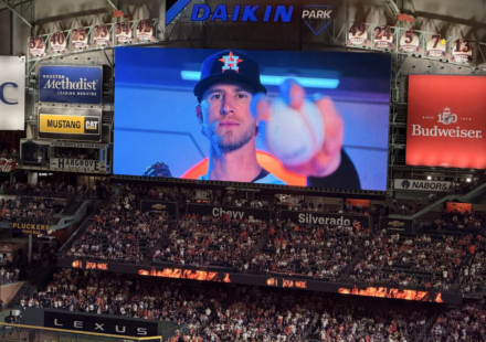 Josh Hader appears on the Daikin Park videoboard before closing out the Astros' 5-4 win over the Rangers.