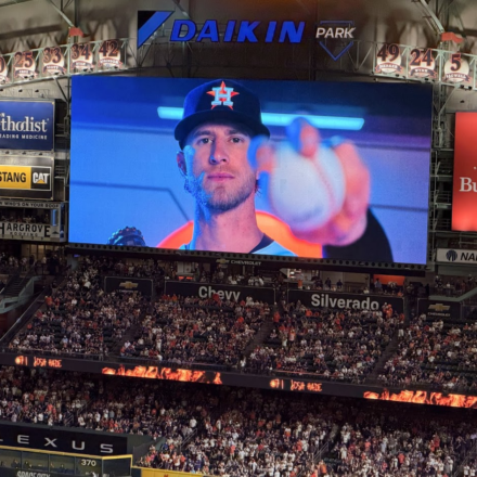 Josh Hader appears on the Daikin Park videoboard before closing out the Astros' 5-4 win over the Rangers.